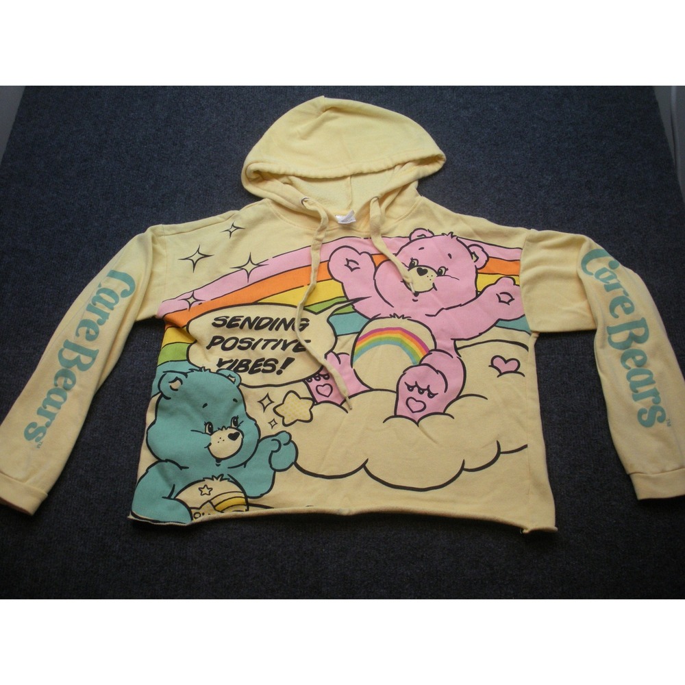 Care Bears Yellow Graphic Cropped Hoodie Sending Positive Vibes Large Retro 80s
